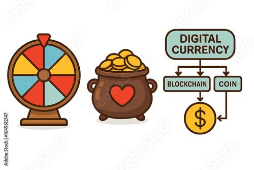 Vector illustration set with prize wheel, pot of coins, and digital currency flowchart. Concepts of crypto investment, fintech, blockchain, luck, gamefi, and donations.