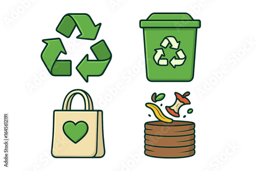 Recycling icons for sustainable living. Eco friendly practices for waste reduction, sorting. Green recycle symbol, trash bin, reusable bag, compost. Zero waste lifestyle concept. Vector.