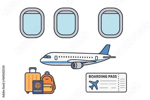 Travel and tourism icon set. Flight essentials collection with airplane, luggage, passport, boarding pass and window. Vector illustration for vacation and journey concept.