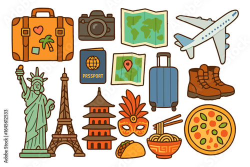 Travel and tourism icon set with world landmarks and food. Vacation essentials like passport, camera, map, and luggage. Featuring Eiffel Tower, Statue of Liberty, pizza, and noodles.