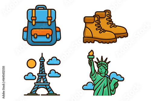 Travel essentials icon set. Backpack, hiking boots, Eiffel Tower, Statue of Liberty. Adventure journey concept. Paris, New York landmark cartoon vector illustration.
