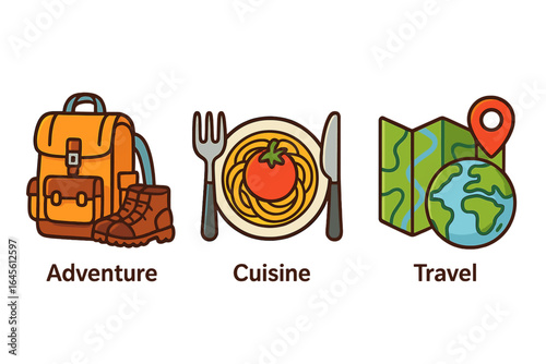 Travel icons representing adventure, cuisine, and exploring new destinations with maps and travel essentials, vibrant vector cartoon illustration on transparent background