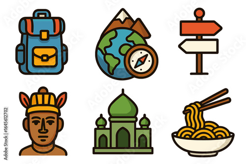Travel Icons Representing Adventure, Exploration, Navigation, Culture, Architecture, and Culinary Experiences Across Diverse Global Cultures – Vector Cartoon Illustration Set on Transparent Background