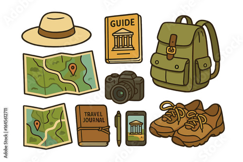 Travel essentials vector set for adventure and vacation. Tourist accessories collection with backpack, map, camera, hat, shoes. Exploration and hiking gear icons.