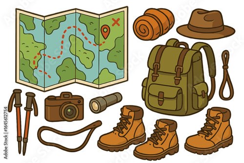 Travel essentials for an adventurous journey. Vector cartoon illustration set of hiking gear and equipment including map, backpack, boots, camera, and trekking poles.