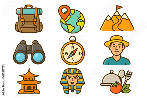 Travel icons representing adventure, exploration, culture, culinary experiences, and historical landmarks across diverse destinations. Vector cartoon illustration set on a transparent background