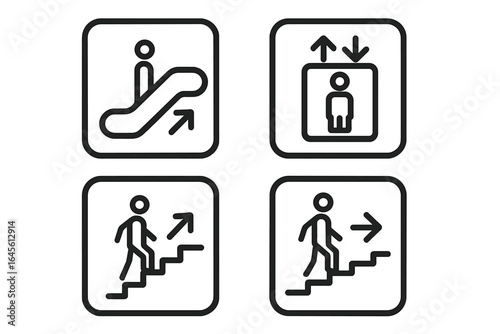 Set of public navigation signs for elevator, escalator, and stairs. Vector line icons for airport, mall, or subway directions. Wayfinding symbols for moving up and down.