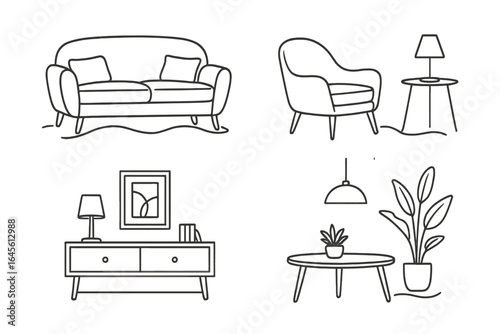 Modern furniture line art icon set for interior design. Living room collection with sofa, armchair, table, lamp. Minimalist home decor vector illustration outline icons.