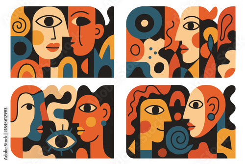 Set of four abstract illustrations with cubist faces. Modern art posters with geometric shapes and textures. Human relationship, emotion, psychology vector concept design.