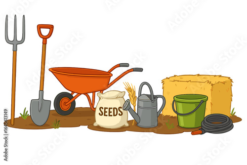 Set of agricultural tools for farming and gardening. Vector cartoon illustration with pitchfork, shovel, wheelbarrow, seeds, watering can, bucket, hose and hay bale.