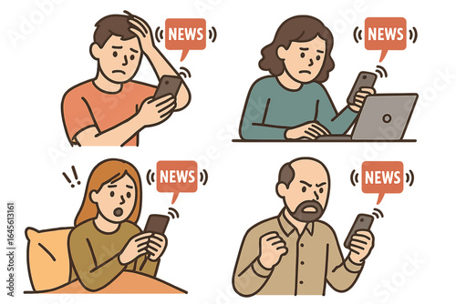 People reacting emotionally to bad news alerts on phones. Characters feeling angry, sad, stressed, shocked. Fake news, doomscrolling, information overload vector set.