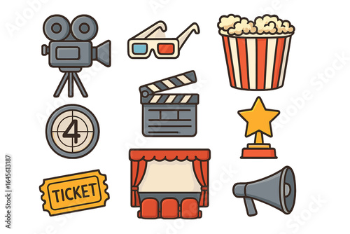 Diverse Film Industry Icons and Cinema Culture Symbols for Creative Projects and Presentations, Vector Cartoon Illustration on Transparent Background