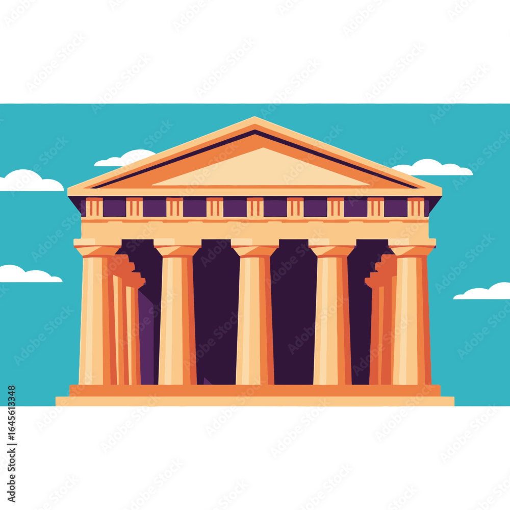 Fototapeta premium A classical building illustration featuring columns a roof and a blue sky with clouds.