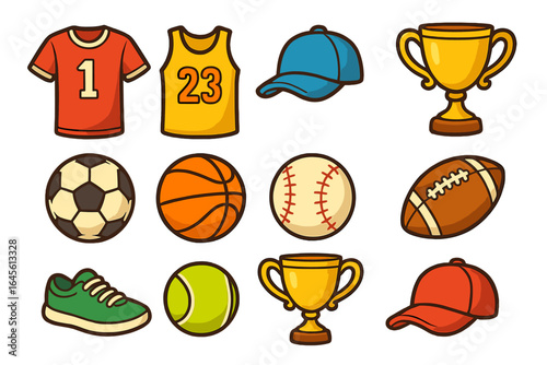 Colorful sports-themed vector icons featuring clothing, balls, trophies, and accessories on a white background, cartoon style, isolated transparent design