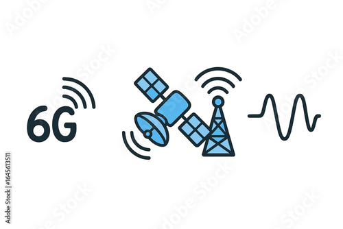 6G network technology icon set. Vector illustration of satellite communication, mobile data tower, and wireless signal waveform. Future of high-speed internet concept.
