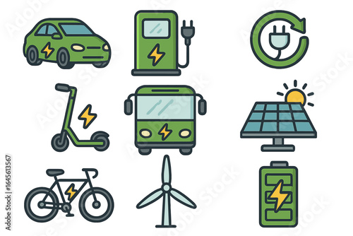 Electric vehicle transportation and green energy icon set. Eco-friendly transport concepts: EV car, e-bike, scooter, bus, charging station, solar, wind, battery vector pack.