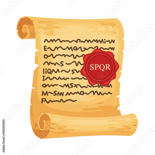 A parchment scroll with text and a red wax seal displaying the letters "SPQR".