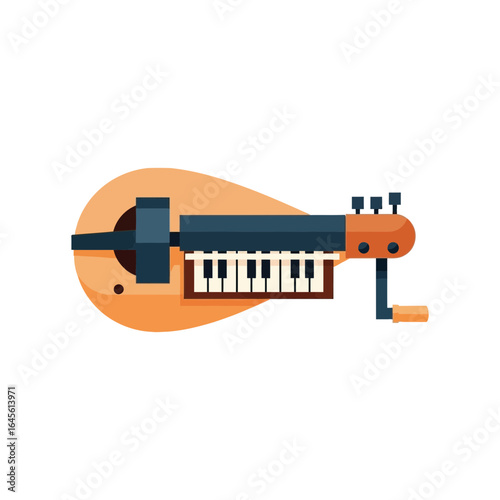 A stylized hurdy-gurdy illustration featuring keys a crank and a wooden body.
