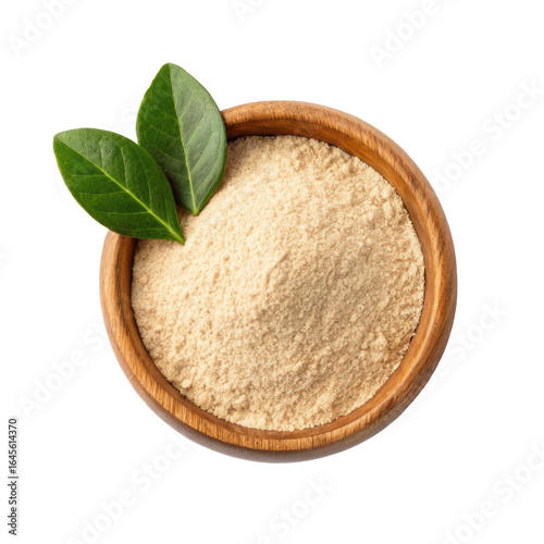 ashwagandha roots powder leaves wooden bowl isolated PNG