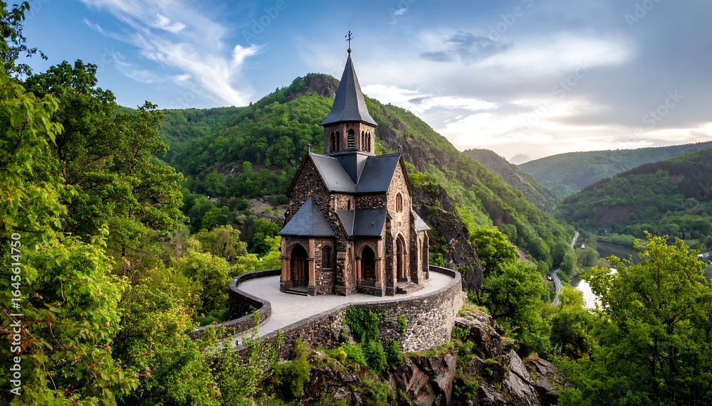 Fototapeta premium Stone church perched atop a verdant hill overlooking a river valley
