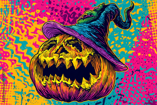 Colorful and vibrant Halloween pumpkin wearing a witch's hat against a psychedelic background