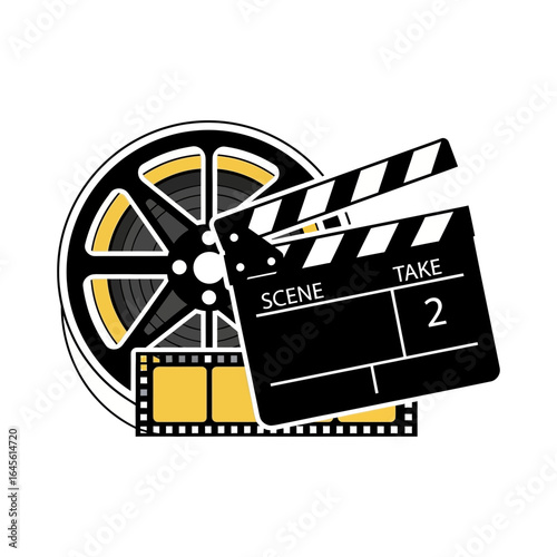 Film reel clapperboard and filmstrip represent cinema and movie production.