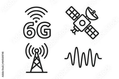 6G technology wireless communication icon set. Satellite internet connection, network antenna tower, signal wave symbols. Future mobile technology vector line art illustration.