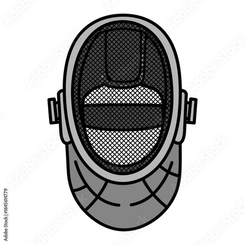 A stylized fencing mask is depicted in a grayscale illustration.