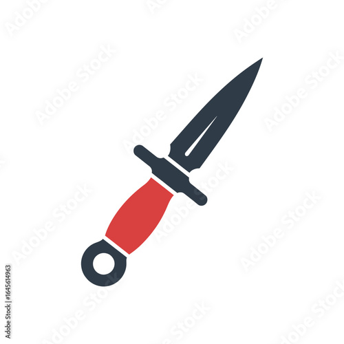A dagger illustration featuring a red handle and a dark blue blade.