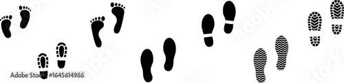 Many footprints, scattered, showing a journey.