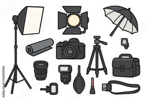 Photography equipment set. Professional photo studio gear collection. Vector illustration icons of camera, lens, tripod, softbox, light, flash, umbrella, and backdrop.