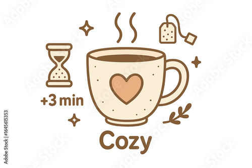 Cozy tea time concept with mug, hourglass, and teabag. Hot drink brewing illustration. Minimalist vector icon for comfort, warmth, relaxation, and hygge lifestyle enjoyment.