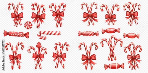 A festive collection of red and white striped candy canes, some tied with bows, alongside other Christmas sweets like peppermint swirls and wrapped hard candies.