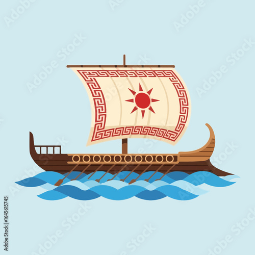 A stylized ship with a sun emblem on its sail sails across blue waves.