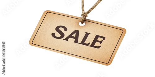 Vintage SALE tag: A classic, rustic SALE tag, evoking the charm of retail, beckons to shoppers. The tan, textured paper tag swings gently from its twine, a symbol of great value and promotion.