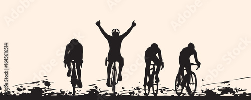 Silhouettes of cyclists, celebrating a race.