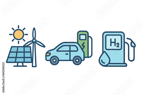 Renewable energy icons set. Solar panel, sun, wind turbine for power generation. Electric vehicle at charging station. Hydrogen H2 fuel pump. Clean green eco transport vector.