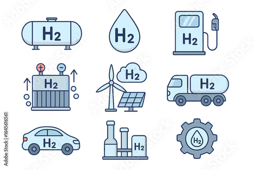Hydrogen energy icon set. Green H2 power, sustainable fuel cell technology. Renewable electricity production, car, station, transport vector line art illustration.