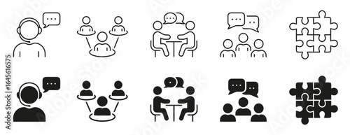 People in groups, communicating and collaborating.