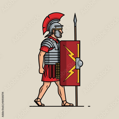 A roman soldier in armor carries a spear and shield walking forward.