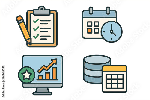Business icon set for productivity. Task management checklist, time scheduling calendar, performance tracking analytics graph, and data management database symbol. Project workflow.