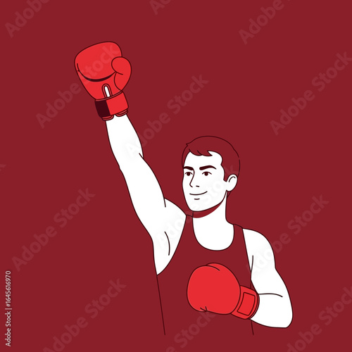 A boxer raises a gloved fist in victory wearing a tank top.
