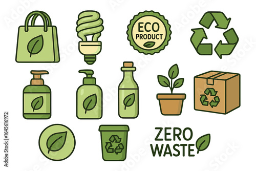 Vector set of ecology icons for sustainability and zero waste lifestyle. Eco friendly product labels, recycling symbols, and green living cartoon illustrations.