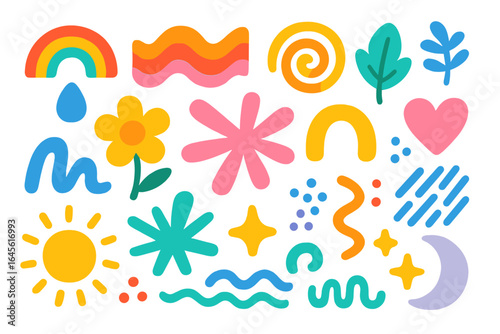 Big set of colorful hand-drawn abstract shapes. Cute doodle elements for design. Modern trendy vector illustration with sun, rainbow, flower, and heart. Childish clip art pack.