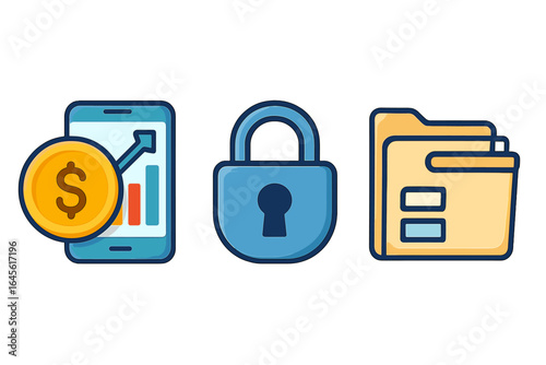 Finance icon set. Mobile banking app for investment growth and profit. Secure data management with padlock and folder symbol. Financial technology concept illustration.