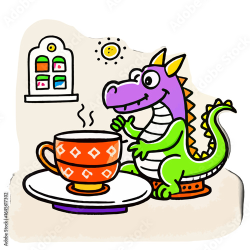 Cute Dragon Drinking Tea Cartoon Art