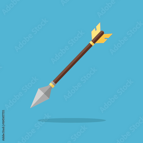 An arrow with a silver tip black shaft and yellow fletching pointing diagonally.