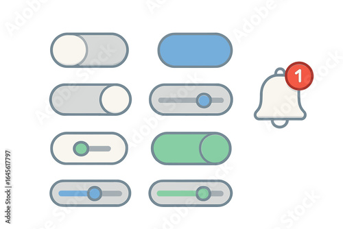 Modern user interface design kit. UI UX elements set with toggle switches, sliders, and notification bell icon for digital applications. On and off buttons, web graphic.