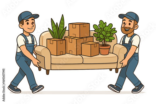 Two professional movers in uniform carrying a couch. Moving service team relocating furniture. Cartoon vector illustration of delivery men with sofa, boxes, and plants.