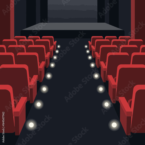 Empty theater auditorium with rows of red seats facing a stage.
